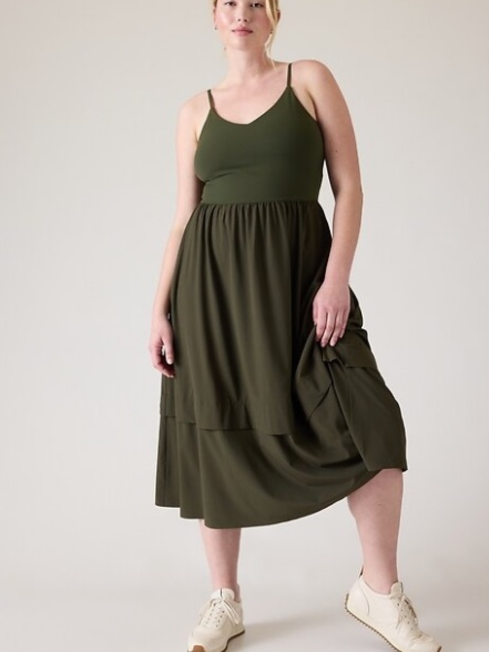 Athleta Elation V-Neck Hybrid Dress in the shade Aspen Olive size 1X